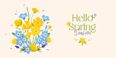 Cute Hello Spring banner or horizontal poster for spring holidays with yellow buttercup and forget-me-nots myosotis flower. Floral Background for Easter, Mothers Day, greetings, invite card, print