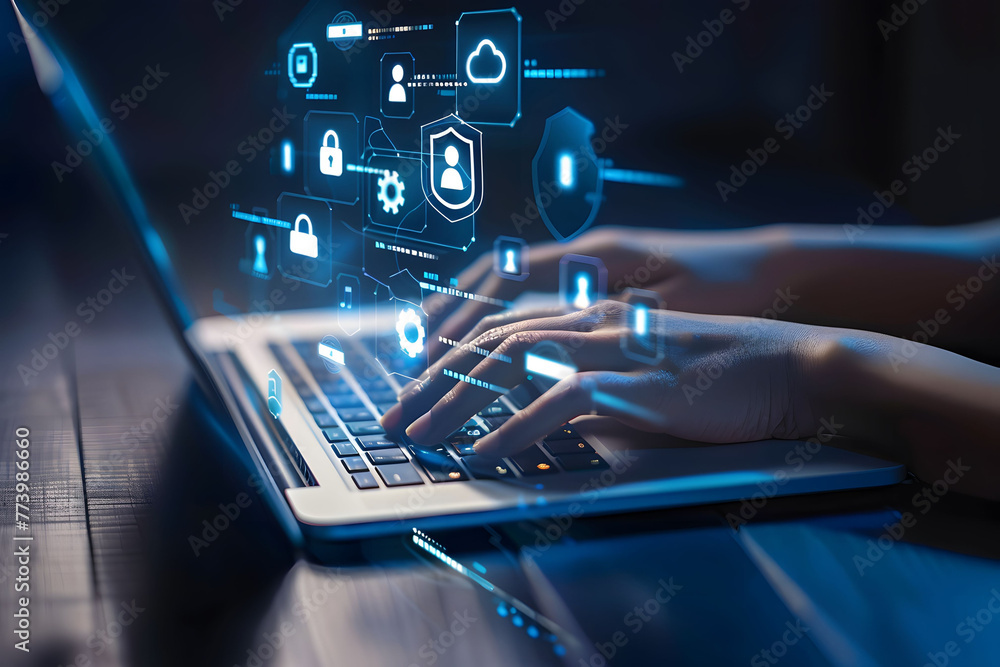 Poster a person's hands are typing on their laptop with an abstract digital shield and keyhole icon hoverin