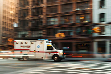 A fast traffic of a medical ambulance vehicle at speed in the city, blurry car and city background 