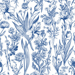 Floral seamless pattern with summer and spring plants. Botanical illustration. Blue drawing.