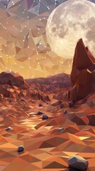 Chocolate brown low polygon background with an alien settlement, blending abstract and exotic scifi