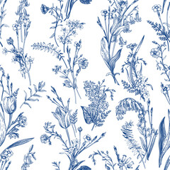Seamless botanical pattern with garden and wild flowers. Floral background. Blue drawing. Engraving style.
