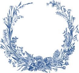Flower wreath. Botanical illustration. Blue drawing. Wedding invitation. - 773986697