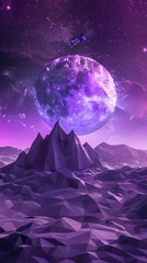 Lavender triangle polygon backdrop with a space station orbiting a planet, abstract scifi in serene 3D