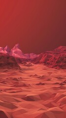 Maroon red low polygon background with a Martian colony, merging abstract art and colonization scifi