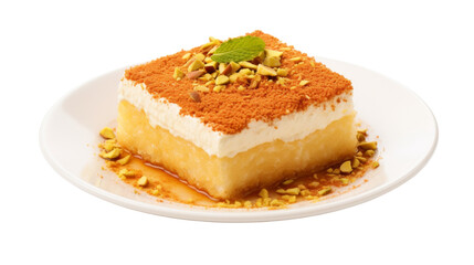 A delectable piece of cake sits elegantly on a pristine white plate