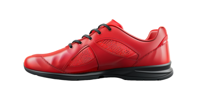 A vibrant red shoe with sleek black laces, standing out against a dark background