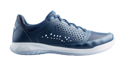 A blue and white shoe gracefully rests on a pristine white background