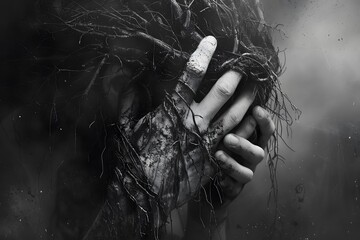 Black and White Image of Hands Grasping Earth and Roots - obrazy, fototapety, plakaty