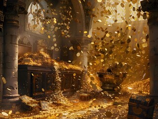 Overflowing Wealth in an Ornate Golden Treasure Room