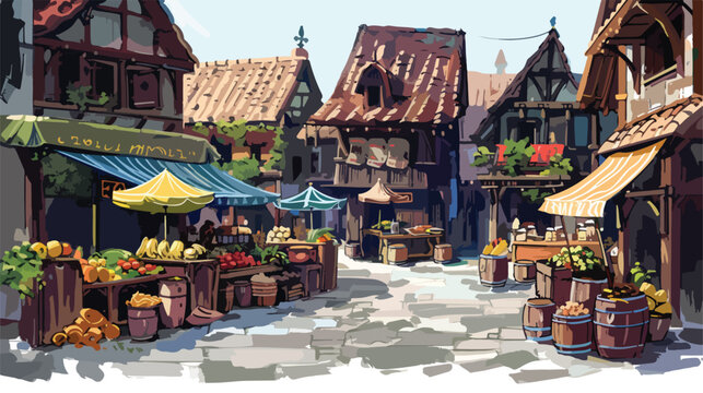 Old market place. Digital painting. Concept art flat vector