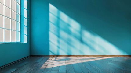 Vibrant blue empty room with glossy floor reflecting the uniform color of walls and ceiling
