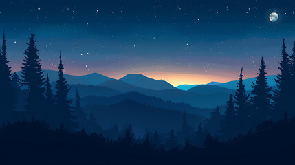 Starry night sky over a serene mountainous landscape with a bright moon and galactic backdrop