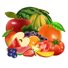 Group of tropical fresh fruits  isolated on transparent  background