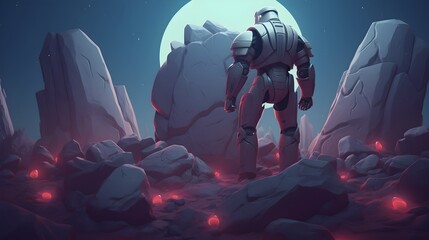 Obraz premium Valiant Knight Stands Vigilant Amidst Glowing Ruins in Otherworldly Sci Fi Landscape