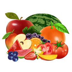 Group of tropical fresh fruits  isolated on transparent  background