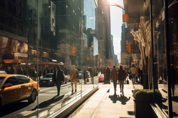 Vibrant afternoon scene on a bustling city street in New York with pedestrians and taxis