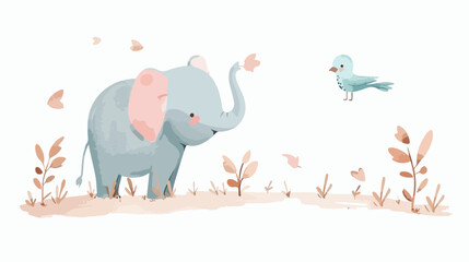Pastel art illustration elephant and bird flat vector