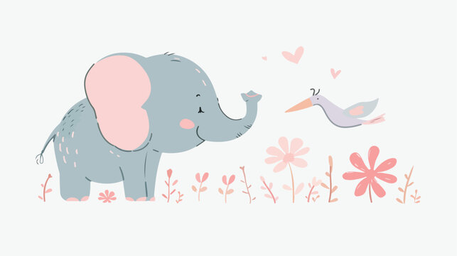 Pastel art illustration elephant and bird flat vector