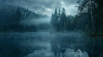 a dark and foggy ethereal forest, misty lake in foreground - obrazy, fototapety, plakaty