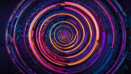 Fototapeta premium Abstract rings of pink, blue, and yellow colors moving on black background, seamless loop. Animation. Neon glowing circles shimmering and flowing slowly