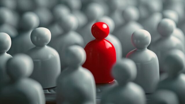 Loneliness in the crowd. Leadership concept or being different. Lonely man around people. Red figurine among white ones. Individual unique person. Success symbol.