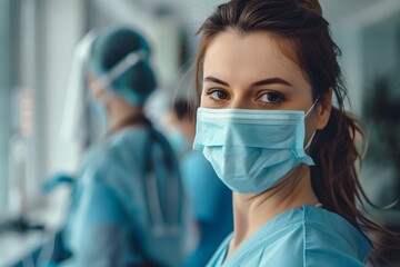 Fototapeta na wymiar Confident Healthcare Provider in Blue Scrubs With Mask