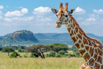 a giraffe standing in the savannah - obrazy, fototapety, plakaty