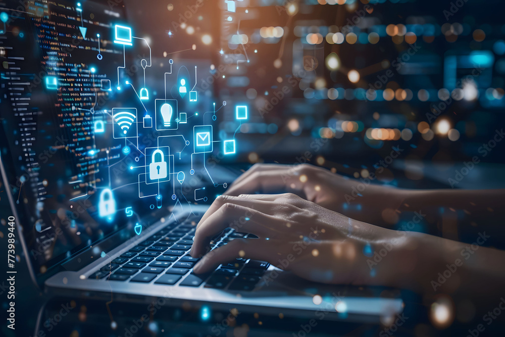 Poster a person's hands are typing on their laptop with an abstract digital shield and keyhole icon hoverin