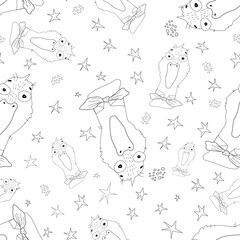 Vector seamless crazy white goose or duck with bow tie and hand drawn stars pattern in graphic style.
