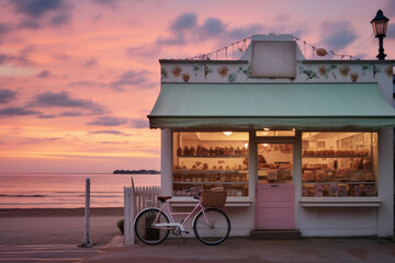 Quaint traditional bakery shop front with a vintage bicycle at sunset