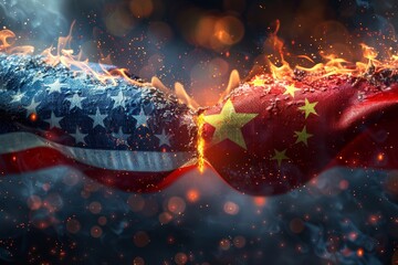 Incendiary confrontation: USA, China flags ablaze - obrazy, fototapety, plakaty