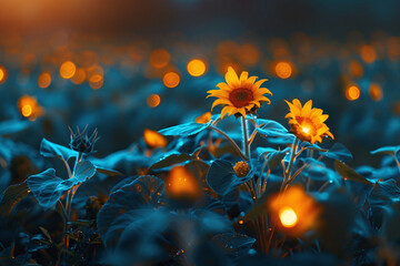 Twilight Glow on Sunflower Field with Magical Night Lights - obrazy, fototapety, plakaty