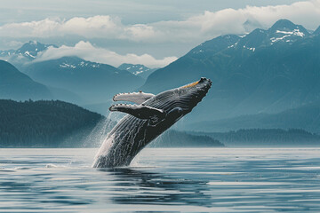 a majestic humpback whale breaching the surface - obrazy, fototapety, plakaty