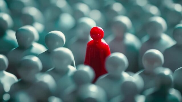 Loneliness in the crowd. Leadership concept or being different. Lonely man around people. Red figurine among white ones. Individual unique person. Success symbol.