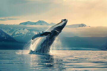 a majestic humpback whale breaching the surface - obrazy, fototapety, plakaty