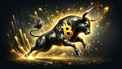 Naklejka premium illustration of a stylized metal bull in dynamic pose, with symbol bitcoin on black background