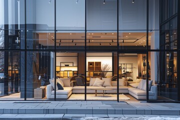 Elegant modern living room displayed through a full-glass exterior