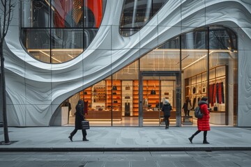 Elegant modern architecture of a luxury store facade with pedestrians in urban setting