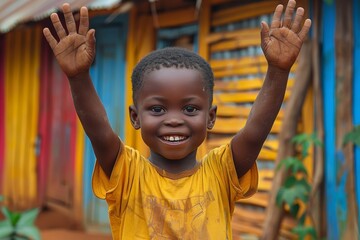 Excited young African learner expresses jubilation - obrazy, fototapety, plakaty