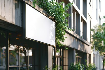 Blank store signboard mockup on modern building exterior with green plants