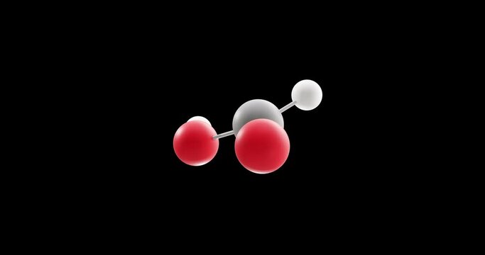 Formic acid molecule, rotating 3D model of carboxylic acid, looped video on a black background