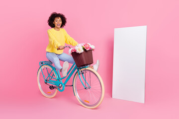 Full length profile side photo of young cheerful girl have fun ride bicycle free-time isolated over pink color background - obrazy, fototapety, plakaty