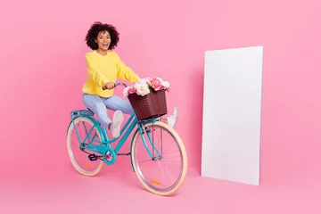 Foto op Plexiglas Full length profile side photo of young cheerful girl have fun ride bicycle free-time isolated over pink color background © deagreez