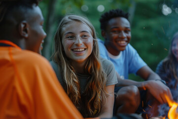 Active young kids, teenagers near campfire, summer camp