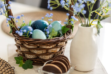 Turquoise and blue Easter eggs in a brown basket on the table. Blue gypsophila flowers in a vase and Easter basket. Card. Photo