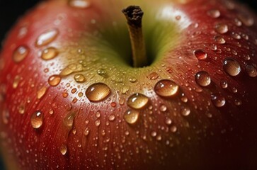close up of red apple with water droplets on it