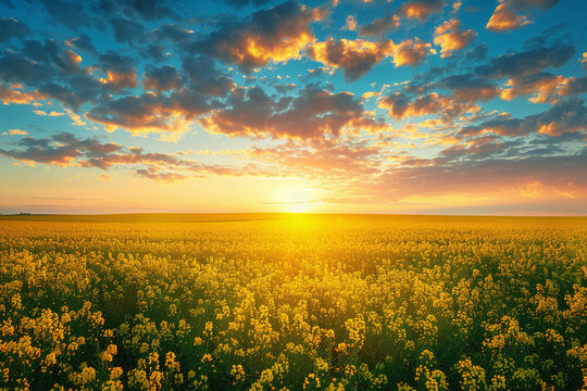 Sunrise Over Blooming Canola Field