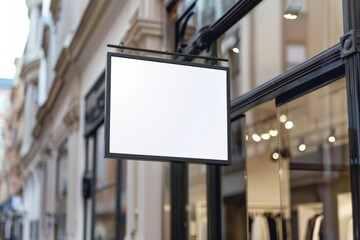 Close-up view of a blank shop sign in an urban setting ideal for branding