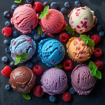 Colorful ice cream scoops, dark background. ai generated